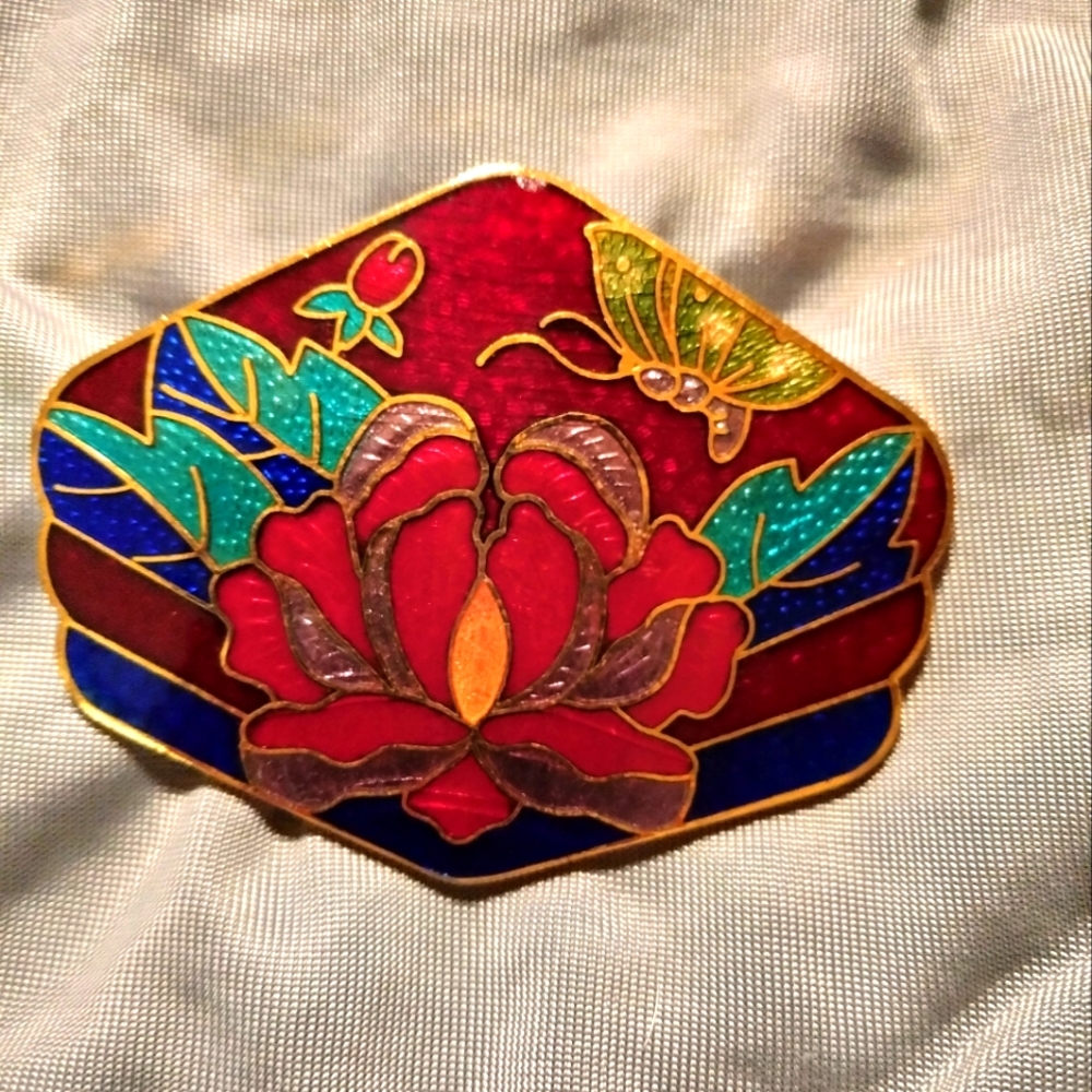 🐰🎉Vintage Cloisonné Scarf Clip/Slide Japan Enameled Red Flower Butterfly Metal
